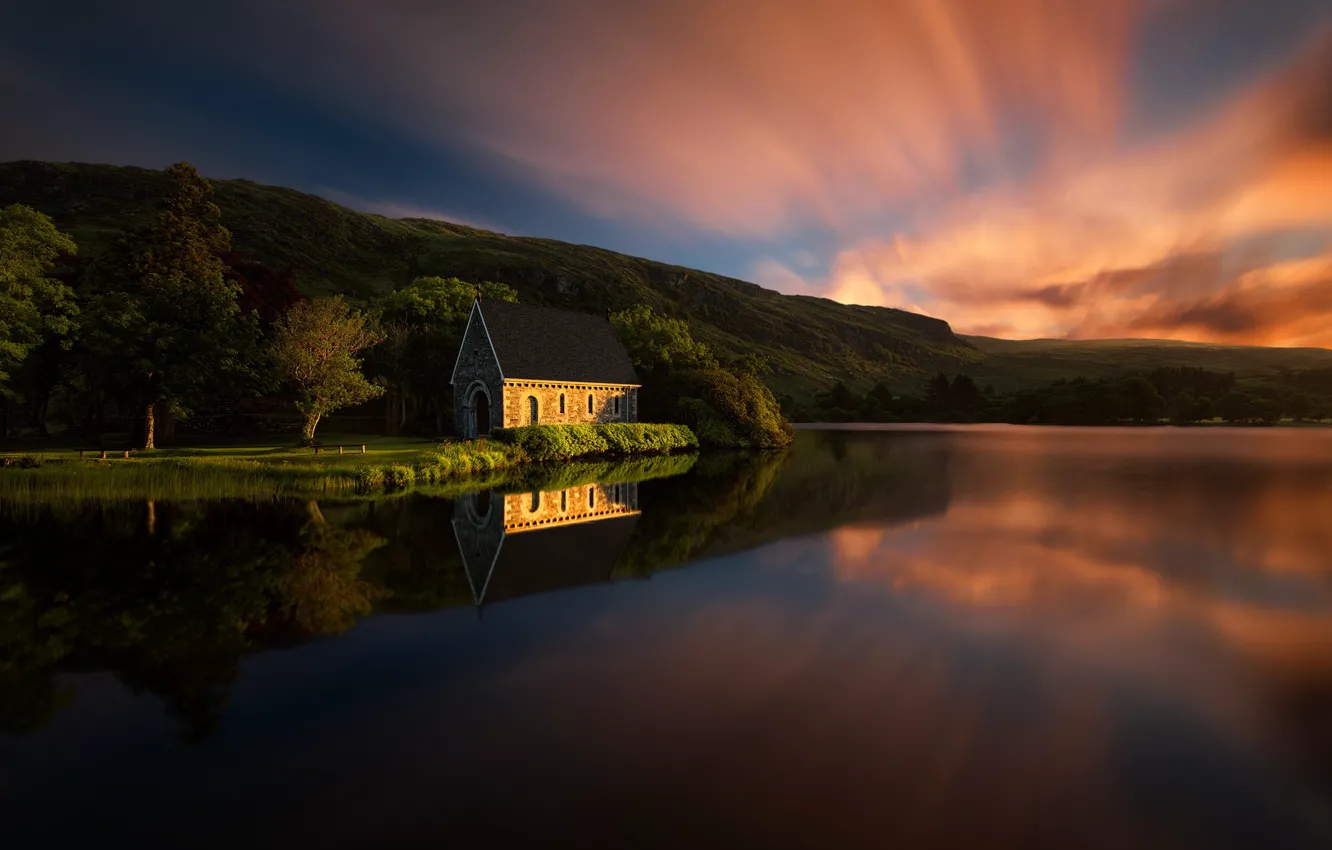 Photo wallpaper landscape, sunset, nature, the city, lake, Park, home, Italy