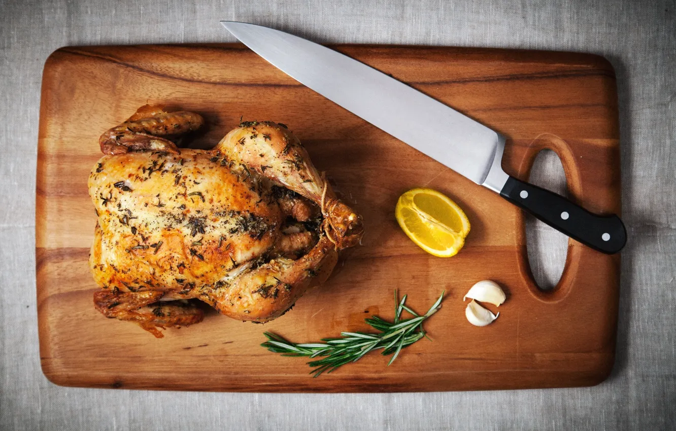 Photo wallpaper lemon, chicken, knife, garlic, grill, cutting Board