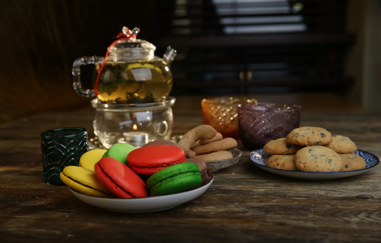 Photo wallpaper tea, cookies, sweets, cakes, macaroon