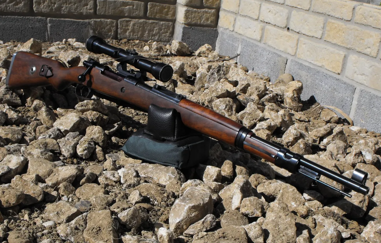 Photo wallpaper stones, weapons, background, wall, rifle, stand, case, sniper