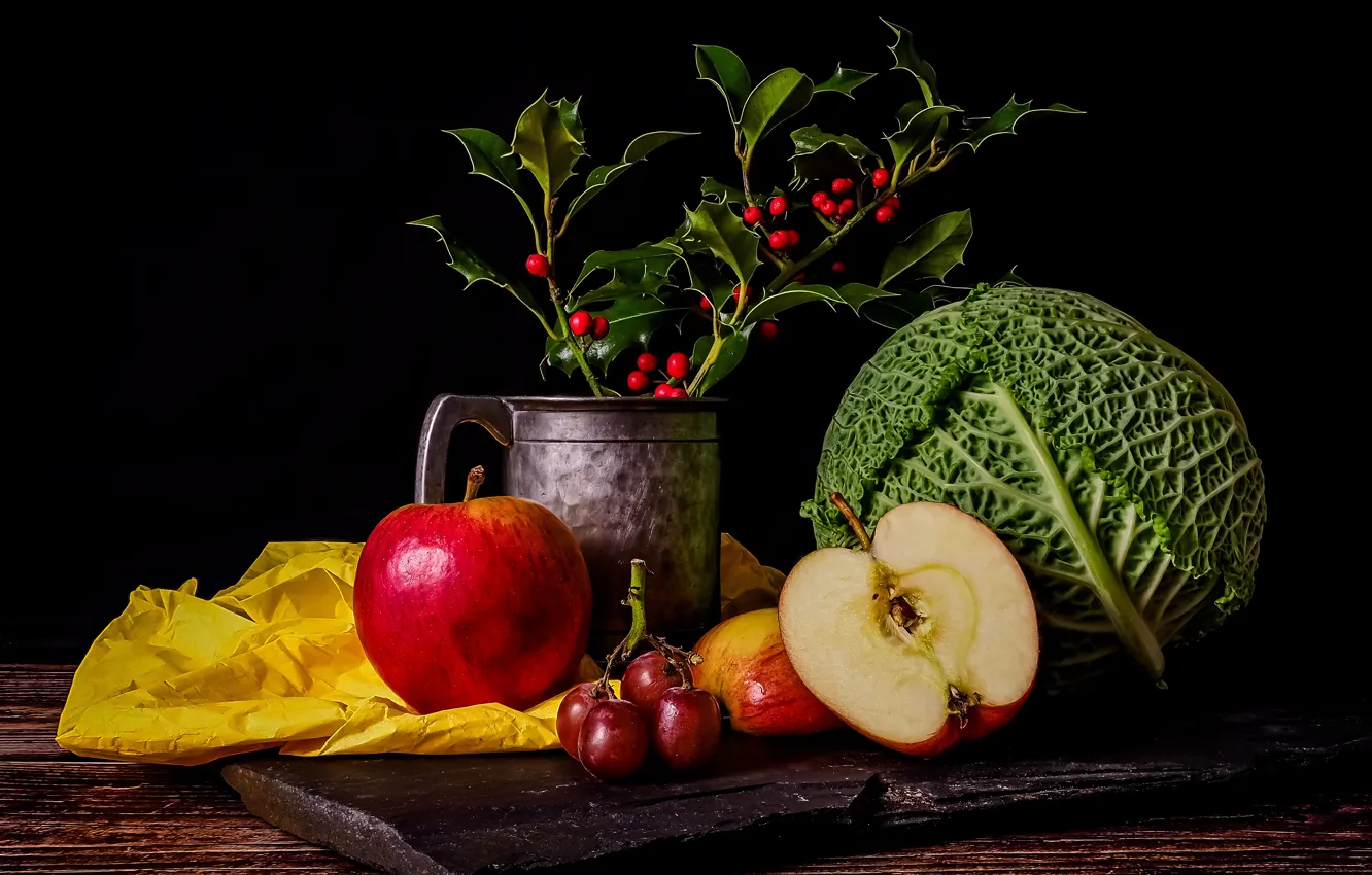 Photo wallpaper leaves, branches, paper, berries, apples, Board, fruit, grapes