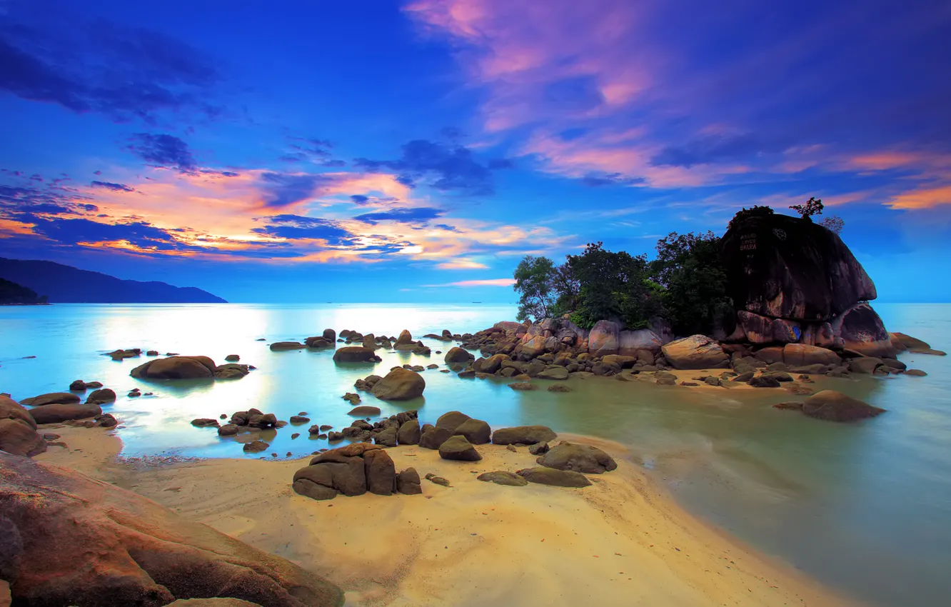 Photo wallpaper sea, the sky, clouds, trees, sunset, rock, stones, glow
