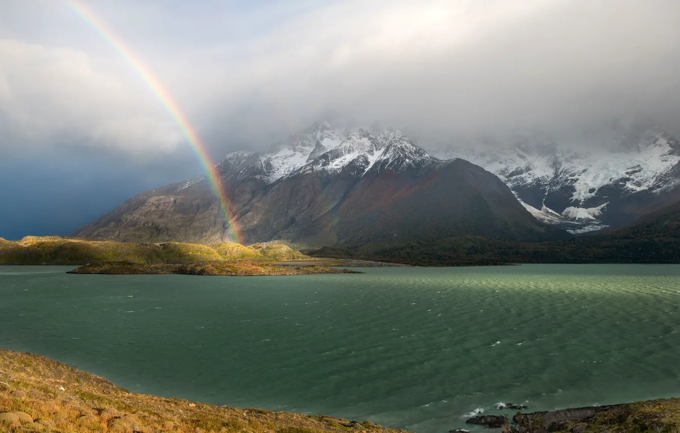 Photo wallpaper mountains, clouds, lake, rainbow