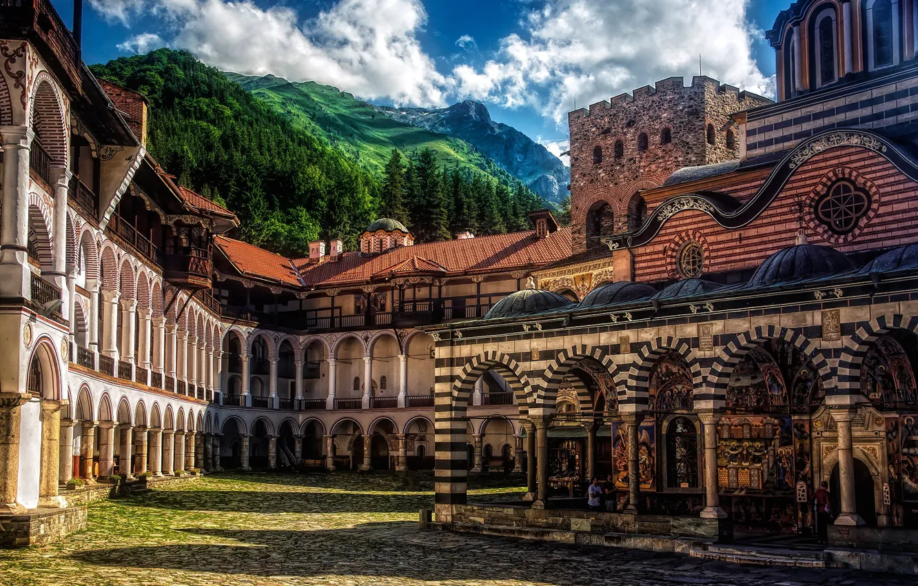 Photo wallpaper mountains, architecture, the monastery, Bulgaria, Bulgaria, Rila Mountains, Rila monastery, Rila Monastery