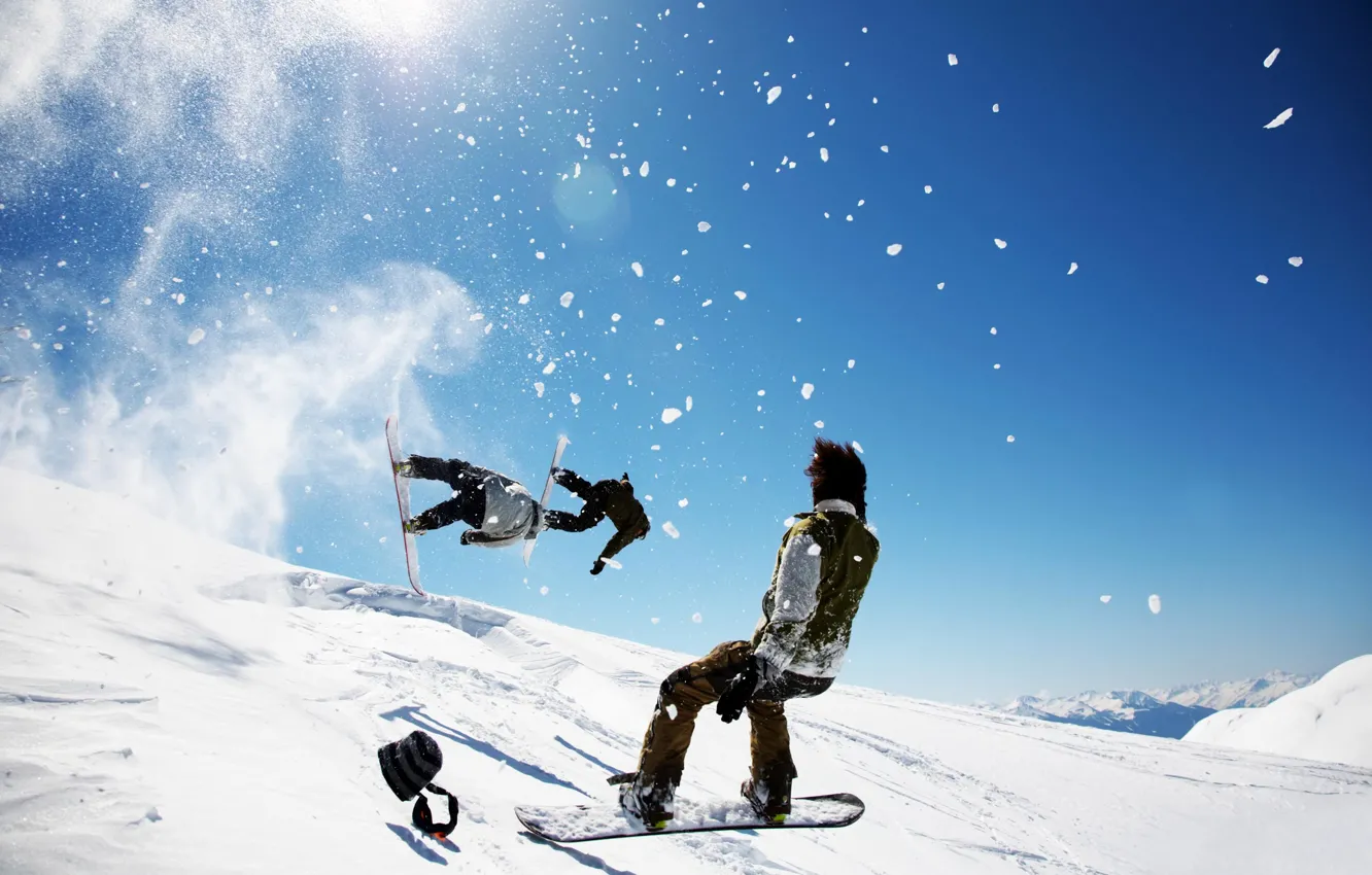Photo wallpaper winter, the sky, snow, snowboard