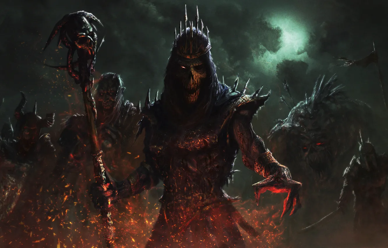 Photo wallpaper night, darkness, the moon, dragon, crown, staff, art, dead