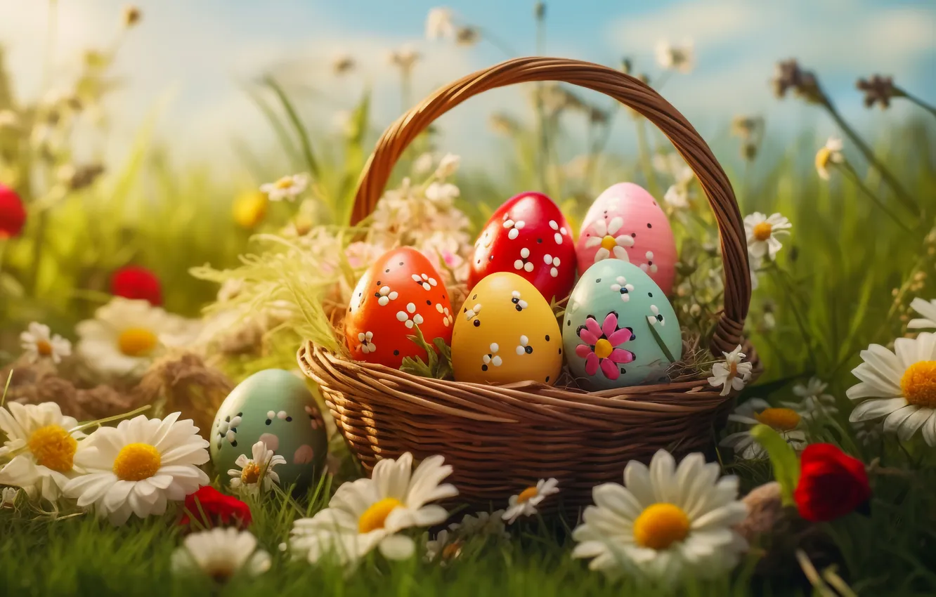 Photo wallpaper flowers, eggs, spring, colorful, Easter, flowers, spring, Easter