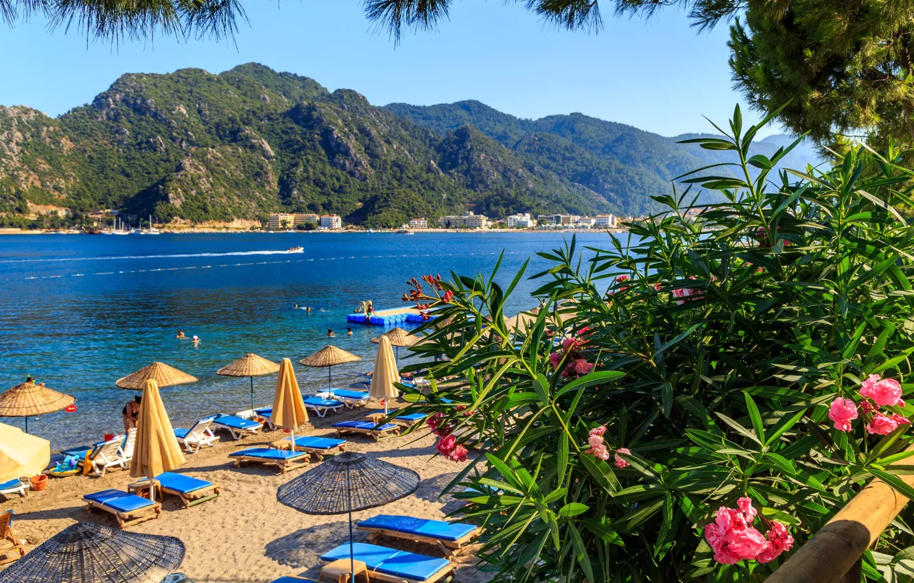 Photo wallpaper sea, beach, flowers, mountains, Turkey, Marmaris