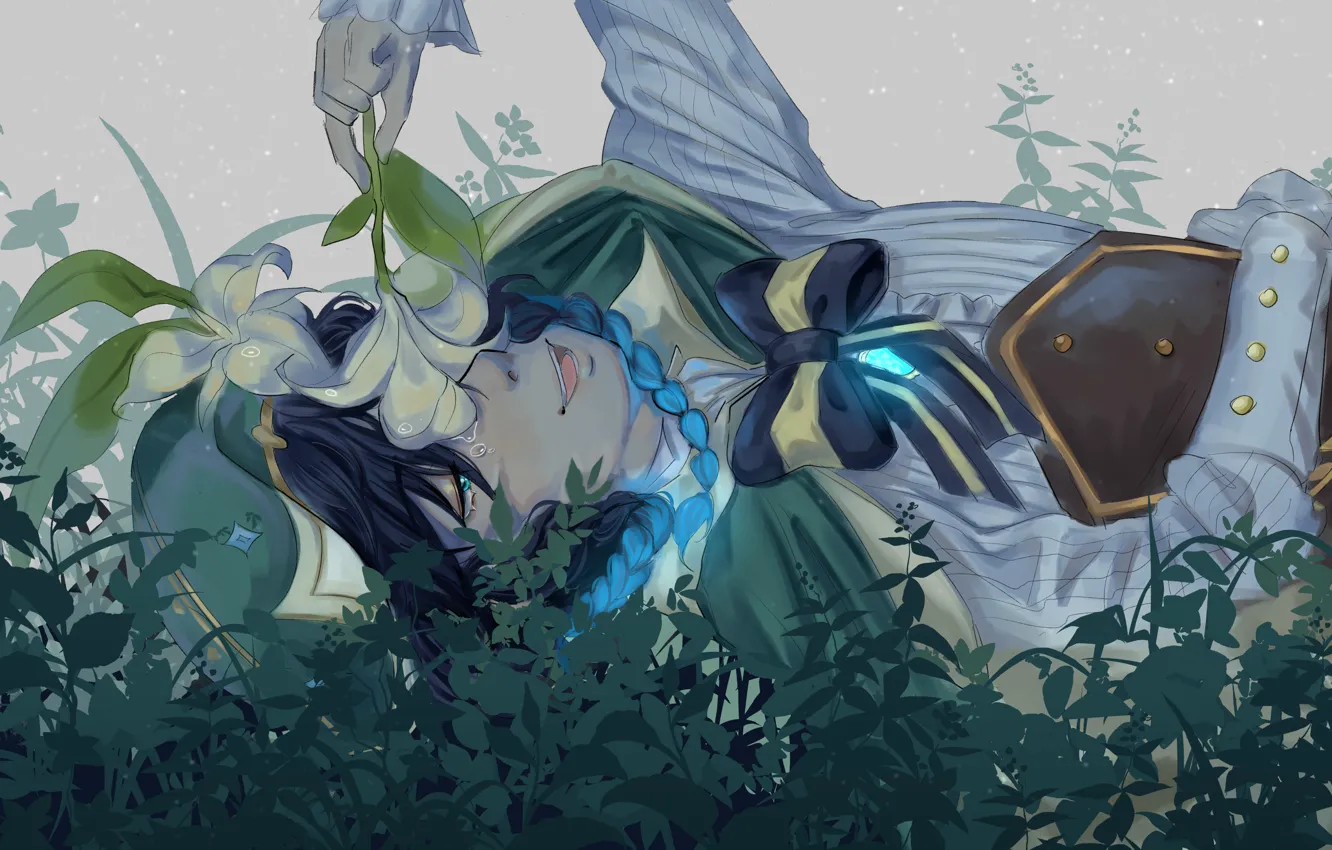 Photo wallpaper grass, Lily, guy, Genshin Impact, Twenty
