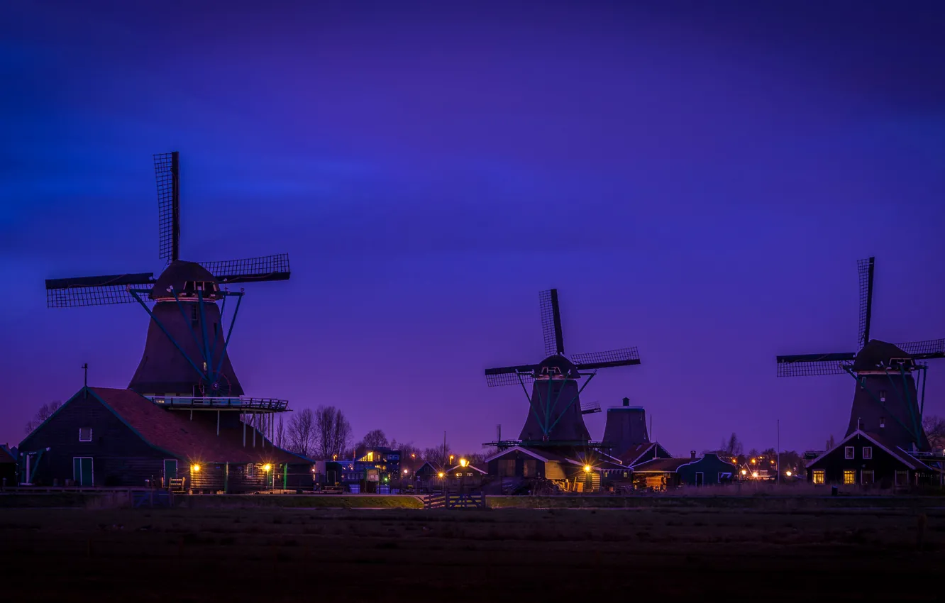 Photo wallpaper night, home, village, Netherlands, windmill, Zaanse Schans