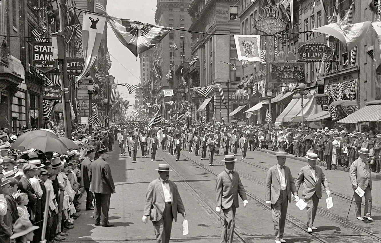 Photo wallpaper retro, holiday, street, home, USA, parade, Baltimore, 1916-the year