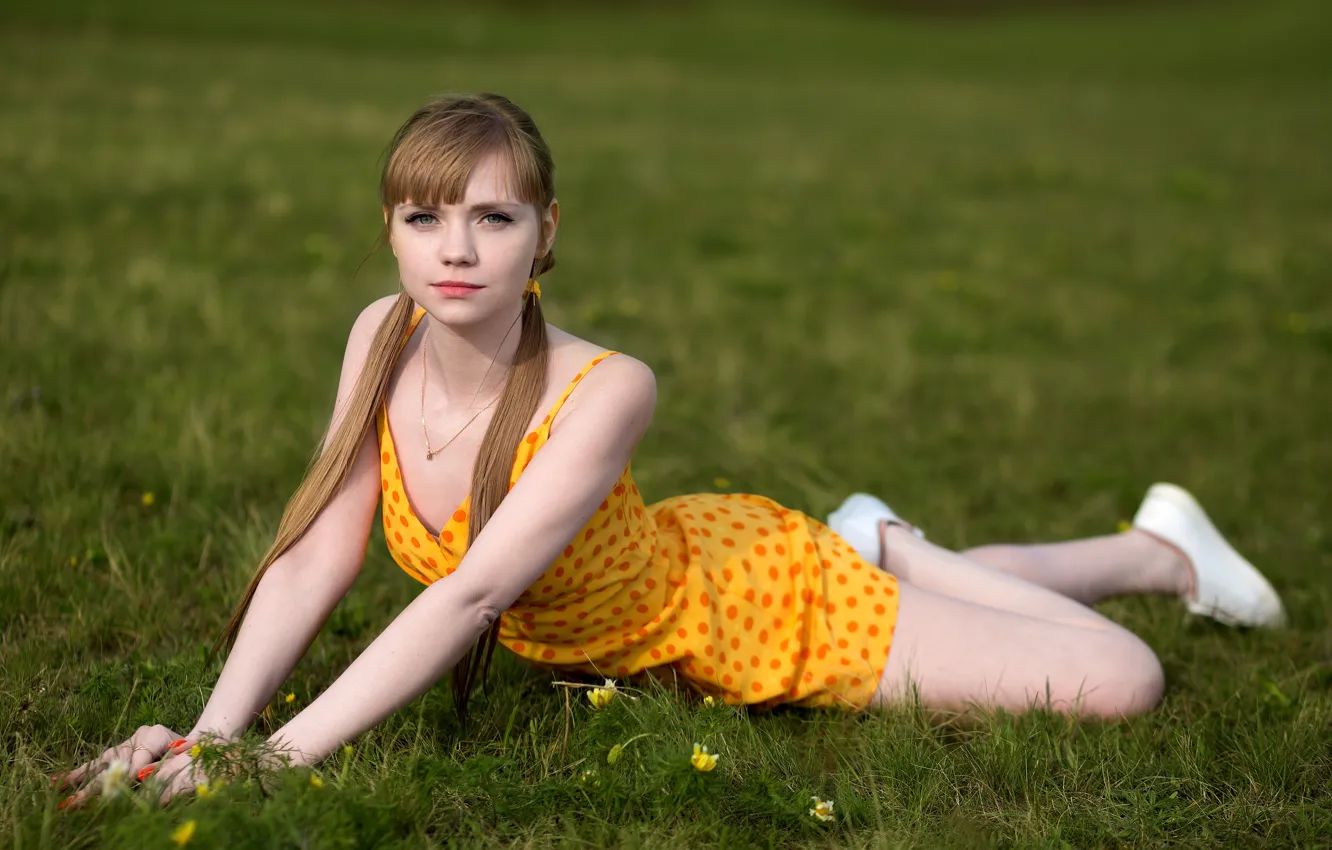 Photo wallpaper grass, girl, nature, pose, sneakers, dress, tails, Rus