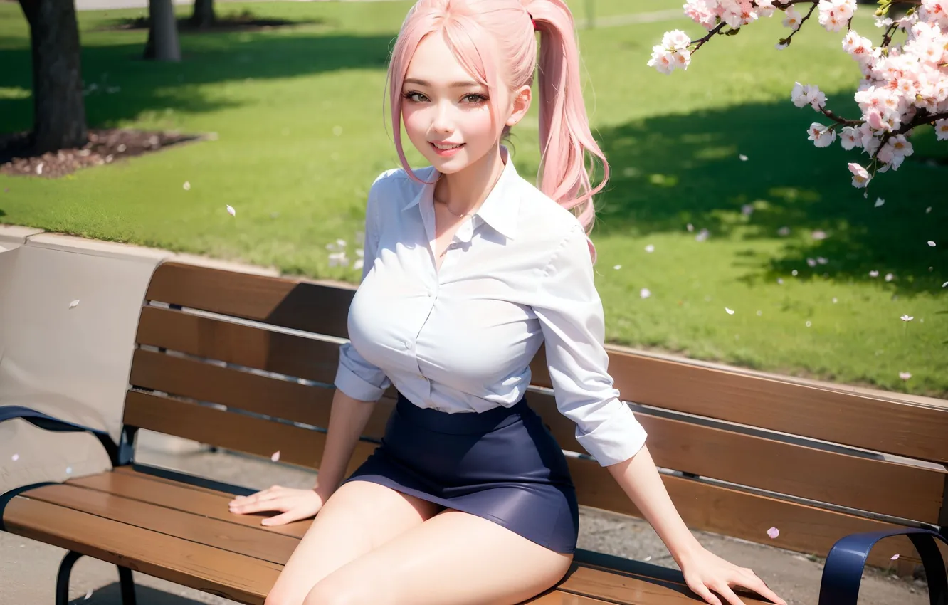 Photo wallpaper blouse, pink hair, smile, art, beauty, rendering, asian, skirt