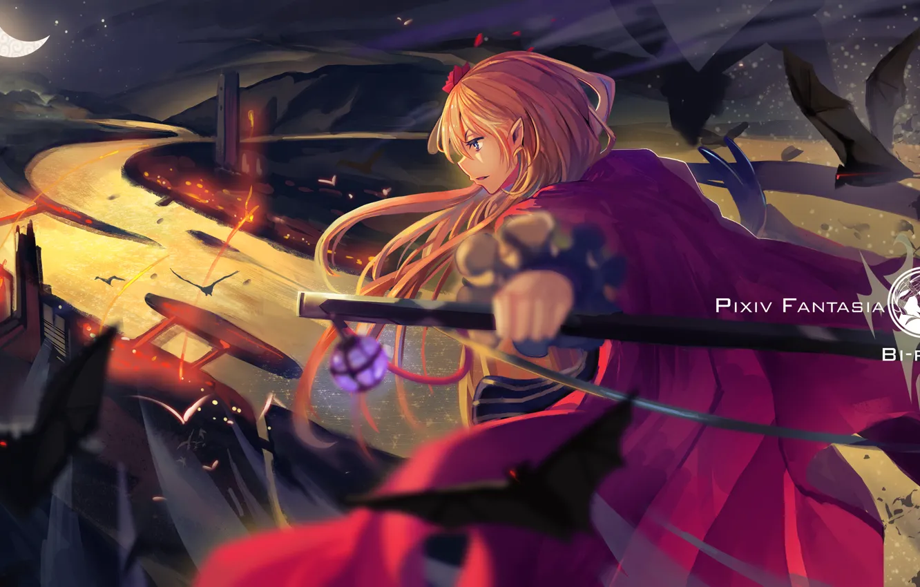 Photo wallpaper the sky, girl, night, weapons, a month, anime, art, bats