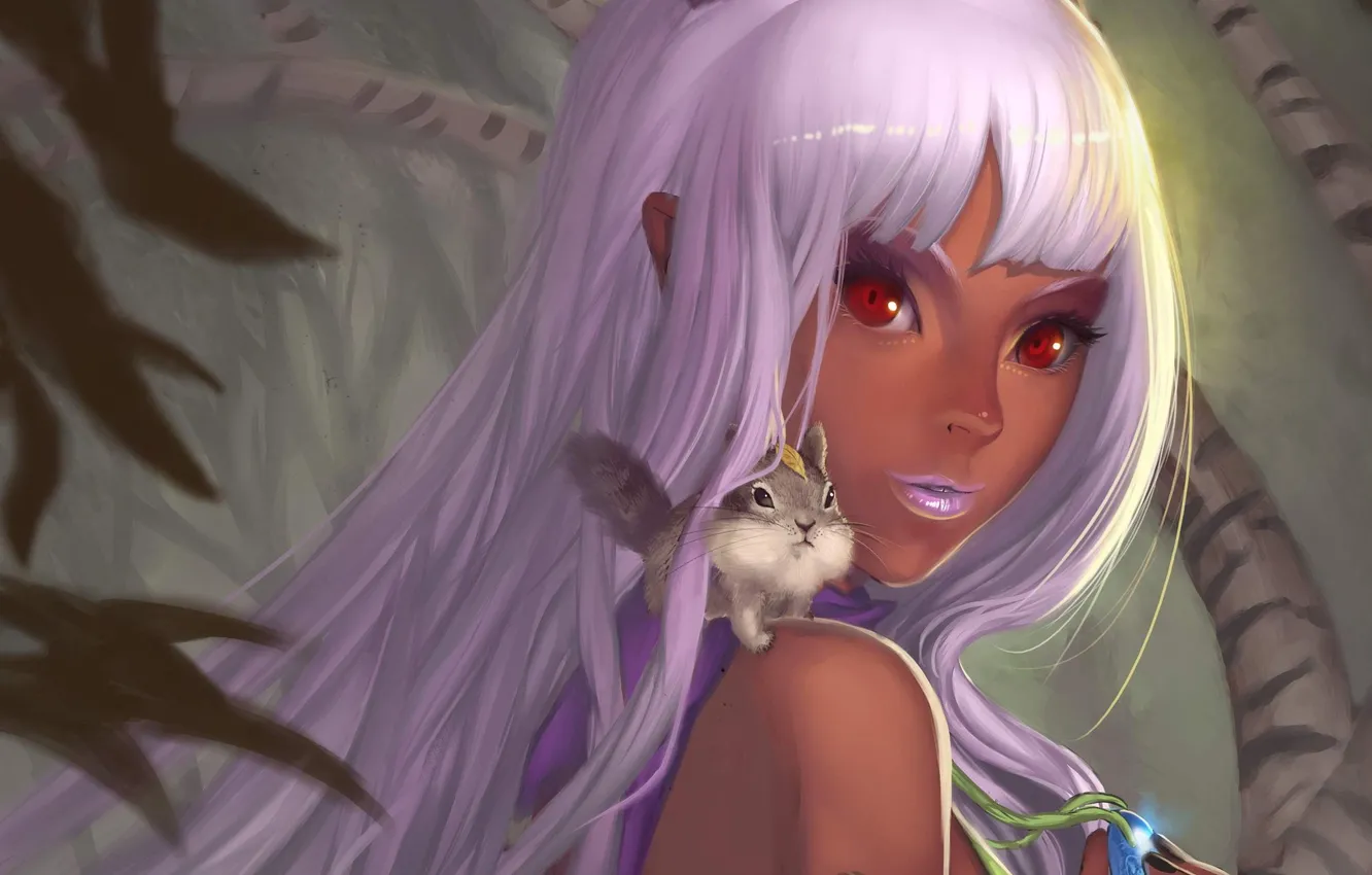 Photo wallpaper girl, art, pendant, red eyes, horn, demoness, animal