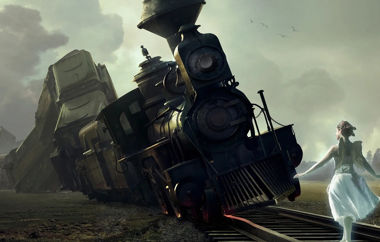 Photo wallpaper girl, train, the crash, wings, disaster, art, railroad