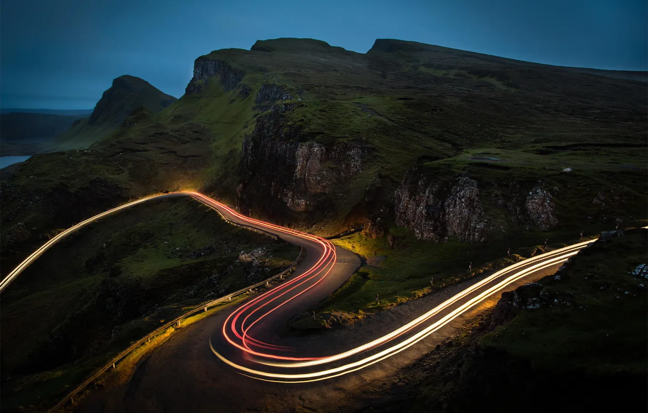 Photo wallpaper road, lights, mountain, the evening, serpentine