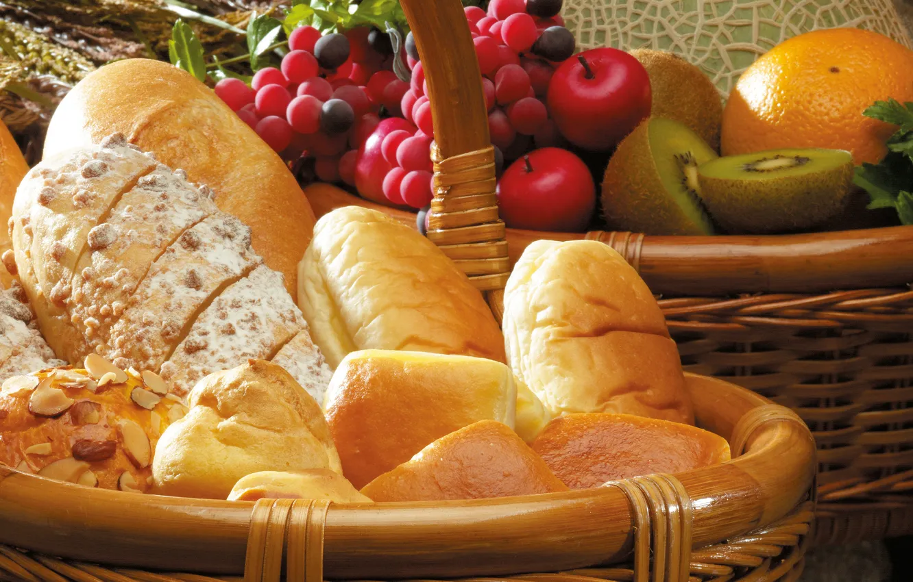 Photo wallpaper basket, apples, orange, kiwi, bread, grapes, nuts, muffin