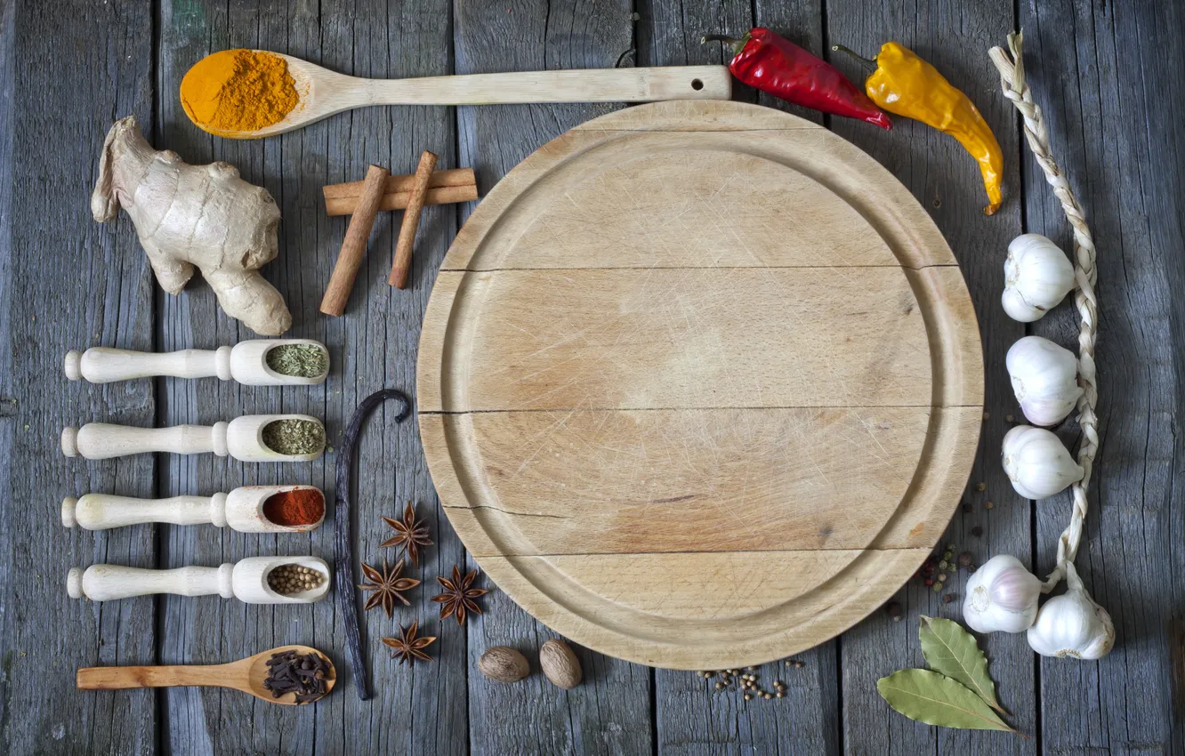 Photo wallpaper spoon, pepper, spices, garlic, ginger, seasoning, clove, star anise