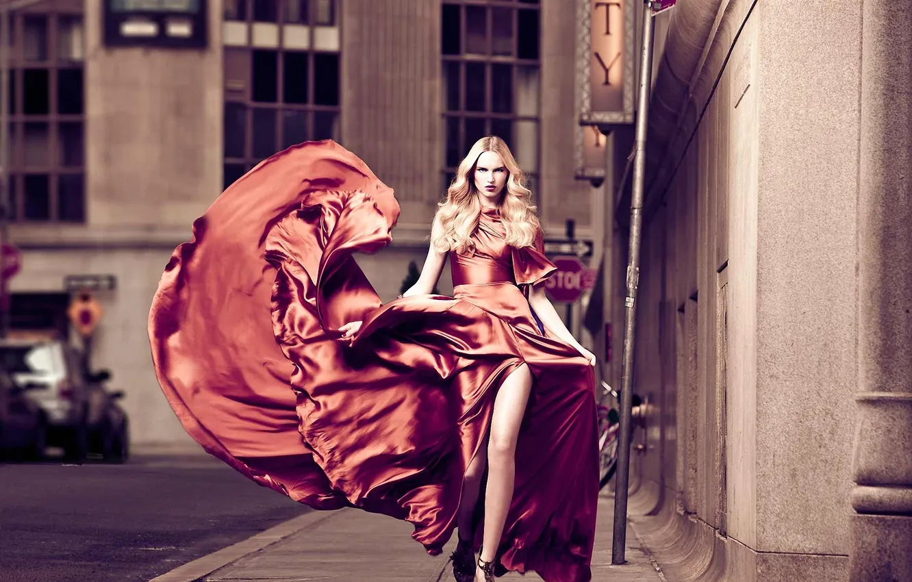 Photo wallpaper street, blonde, developing dress