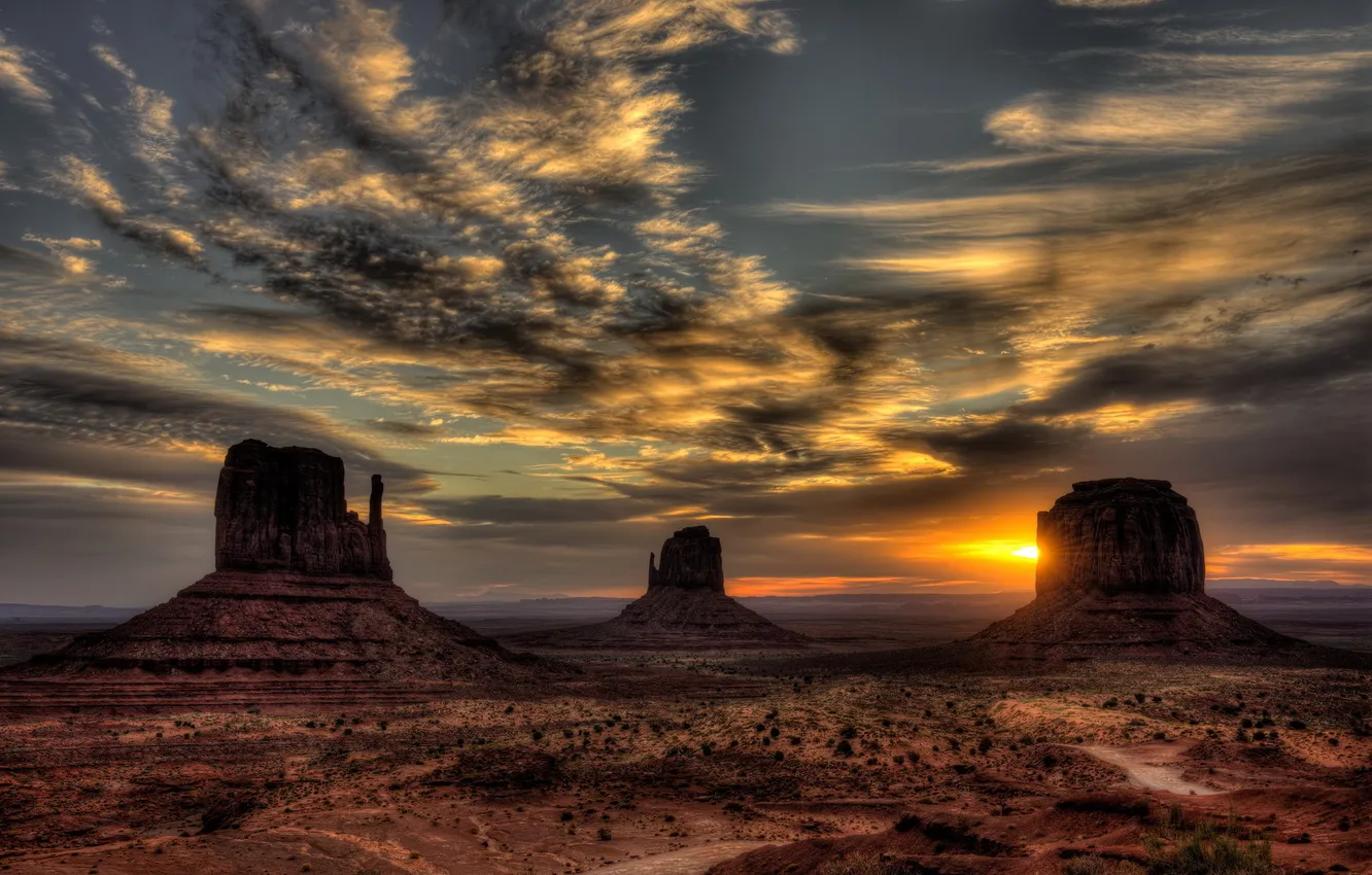 Photo wallpaper landscape, sunset, United States, Utah, Monument Valley