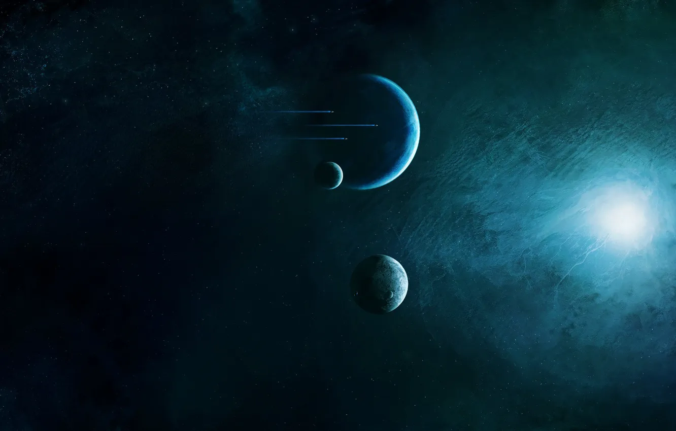 Photo wallpaper stars, light, planet, satellite, starship