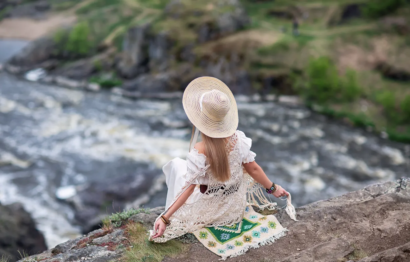 Photo wallpaper girl, rock, river, back, hat, Anastasia Barmina