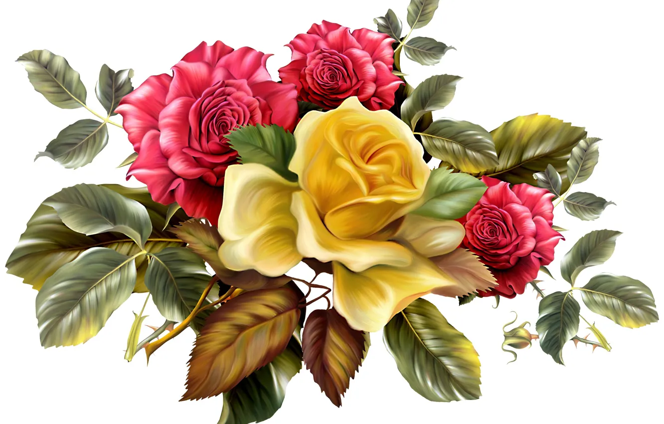Photo wallpaper leaves, flowers, background, roses, bouquet, yellow, spikes, red
