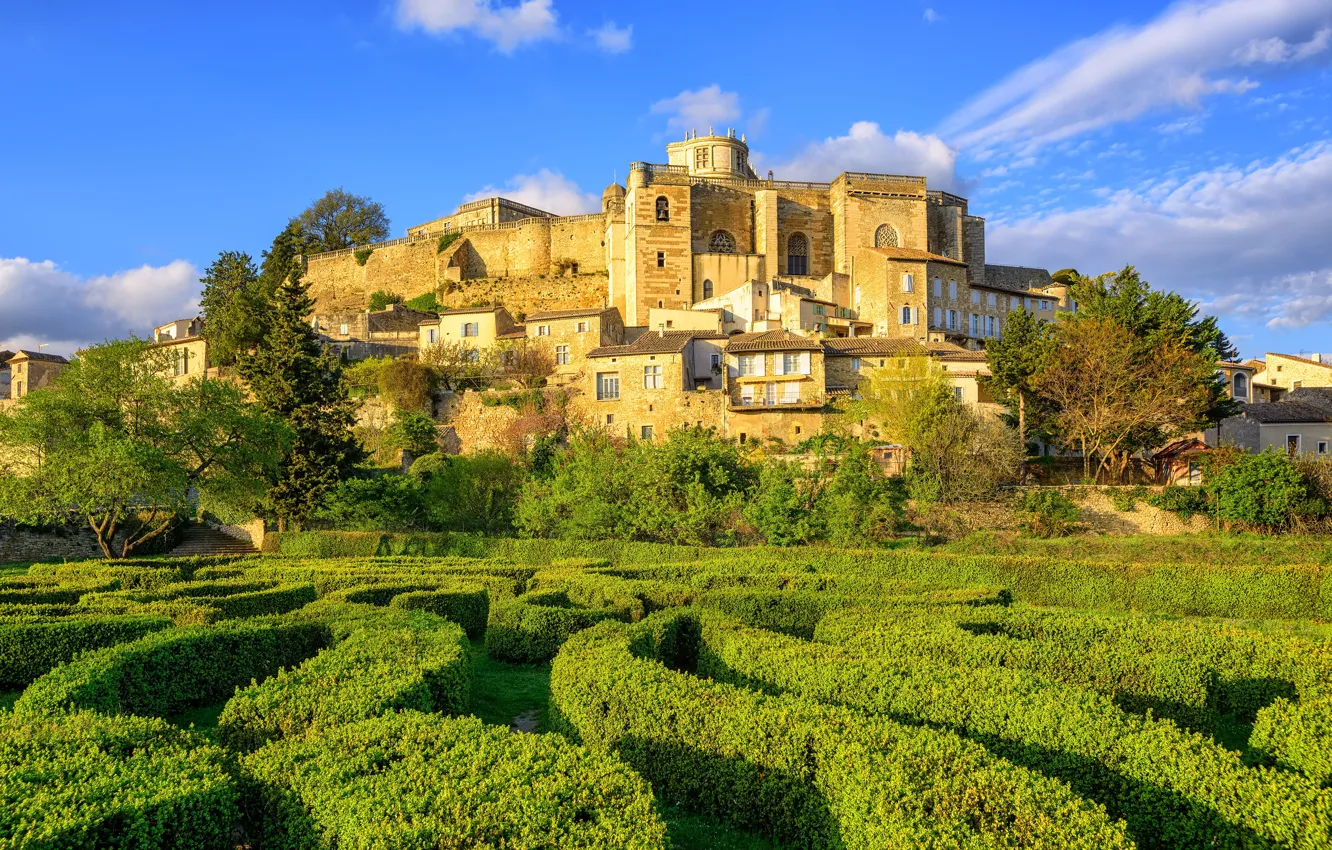 Photo wallpaper greens, the sky, clouds, trees, design, castle, France, Sunny