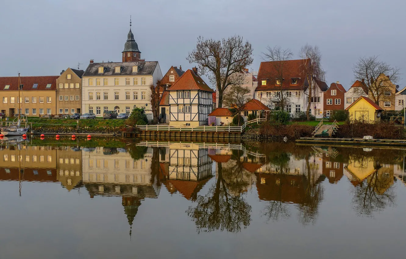 Photo wallpaper river, tower, home, Germany, Fachwerk, Glückstadt