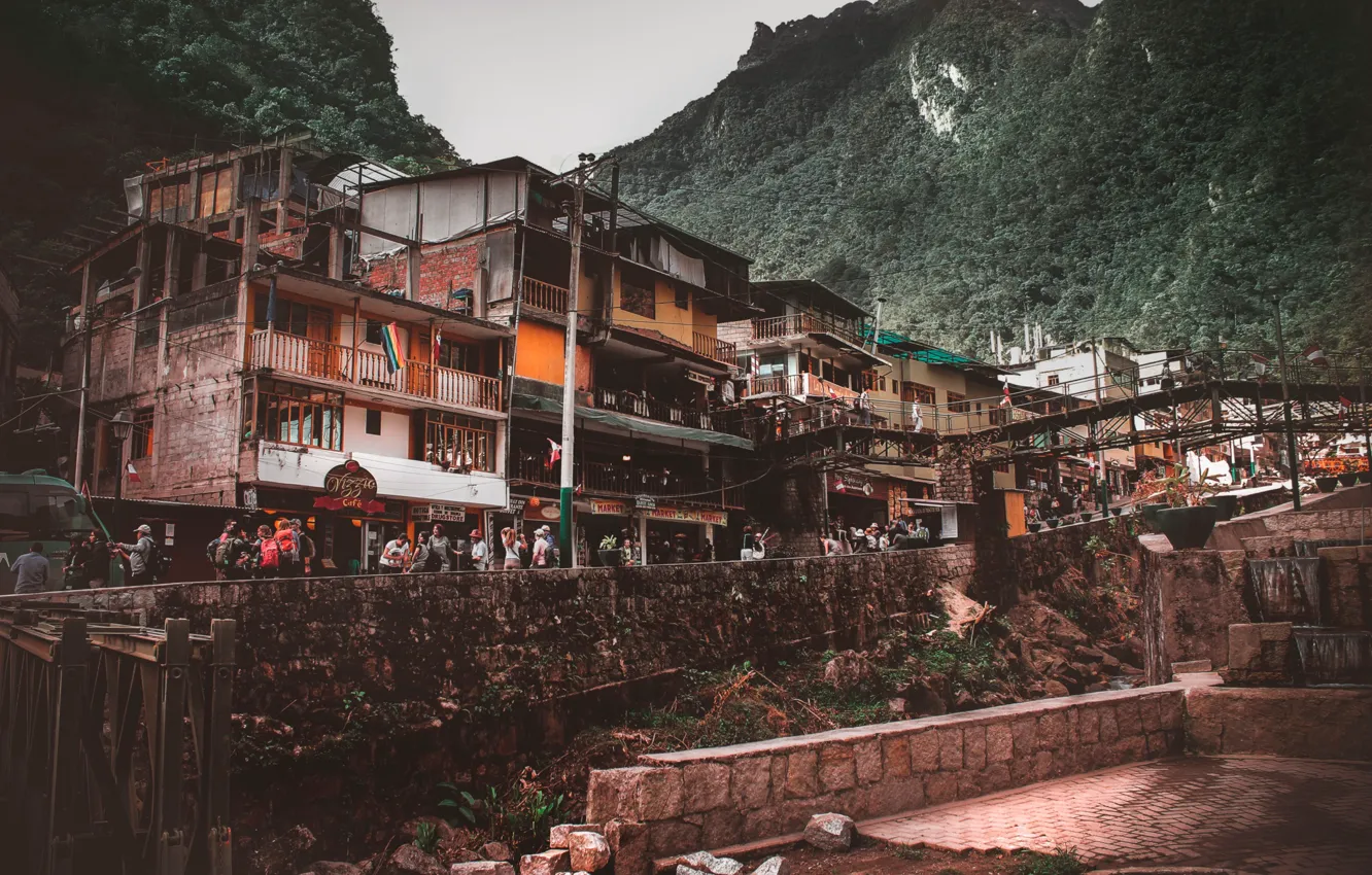 Photo wallpaper Mountains, Bridge, The city, The fence, House, Street, People, Stone