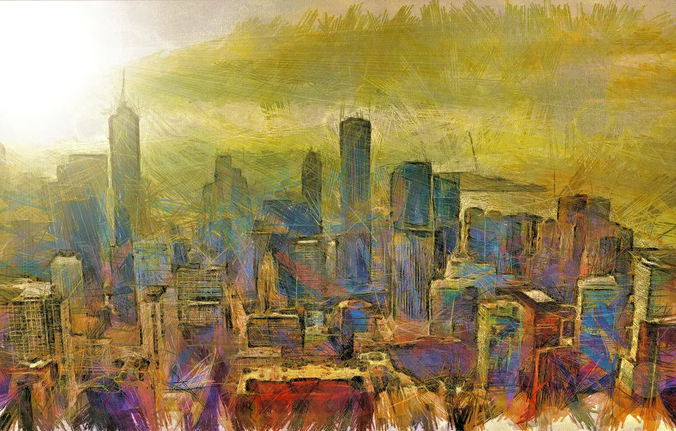 Photo wallpaper the city, paint, figure, home, canvas, touch