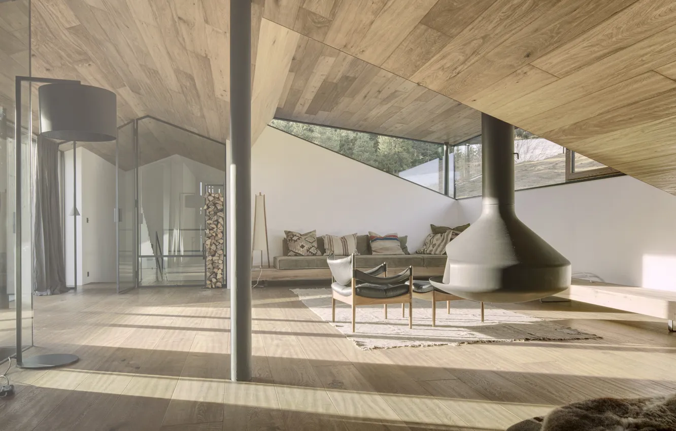 Photo wallpaper design, style, room, interior, Austria, Alps, fireplace, living room