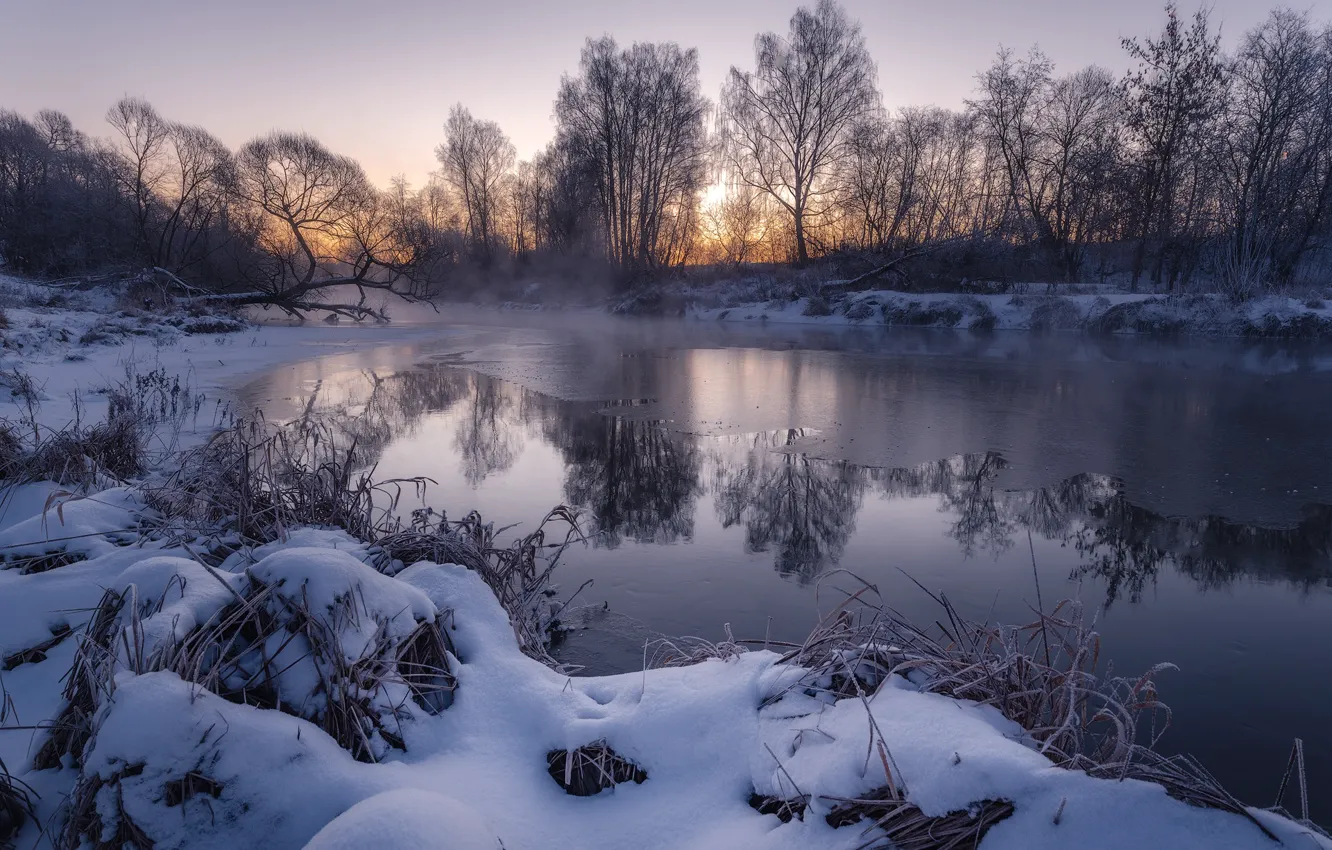 Photo wallpaper winter, snow, trees, landscape, nature, river, dawn, ice