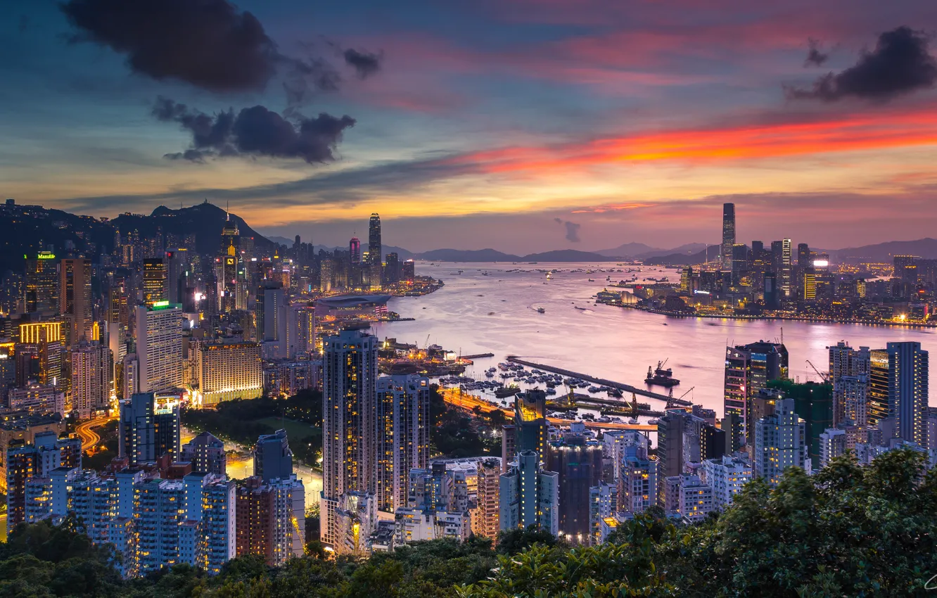 Photo wallpaper the city, Hong Kong, China, Braemar Hill, evening Zorya, Victoria Harbour