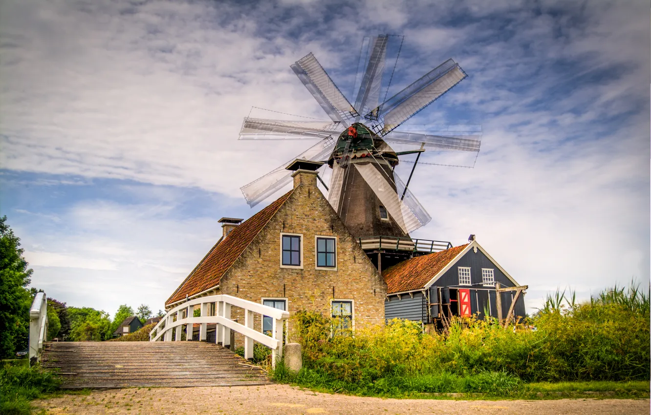 Photo wallpaper the sky, clouds, landscape, bridge, nature, plant, sky, landscape