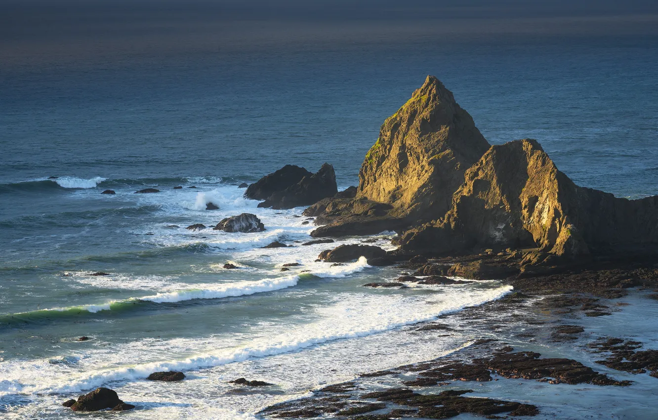 Photo wallpaper sea, wave, rocks, shore