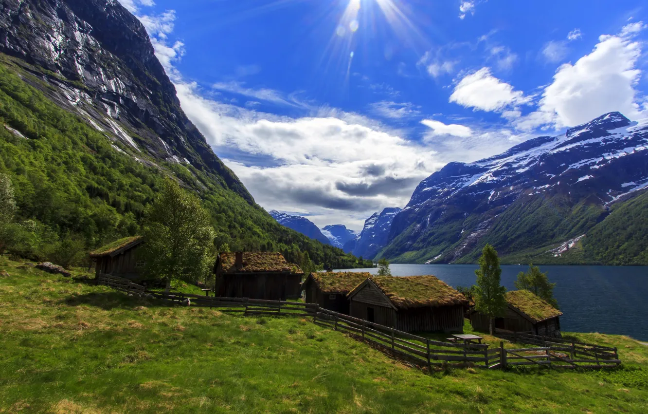 Photo wallpaper the sky, clouds, mountains, lake, Norway, houses, the rays of the sun, Nordfjord