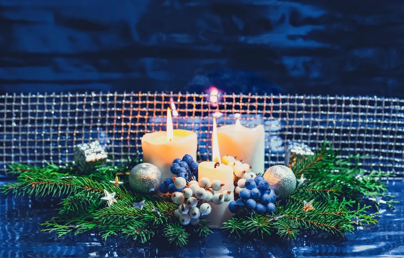 Photo wallpaper berries, background, fire, holiday, balls, toys, candles, stars