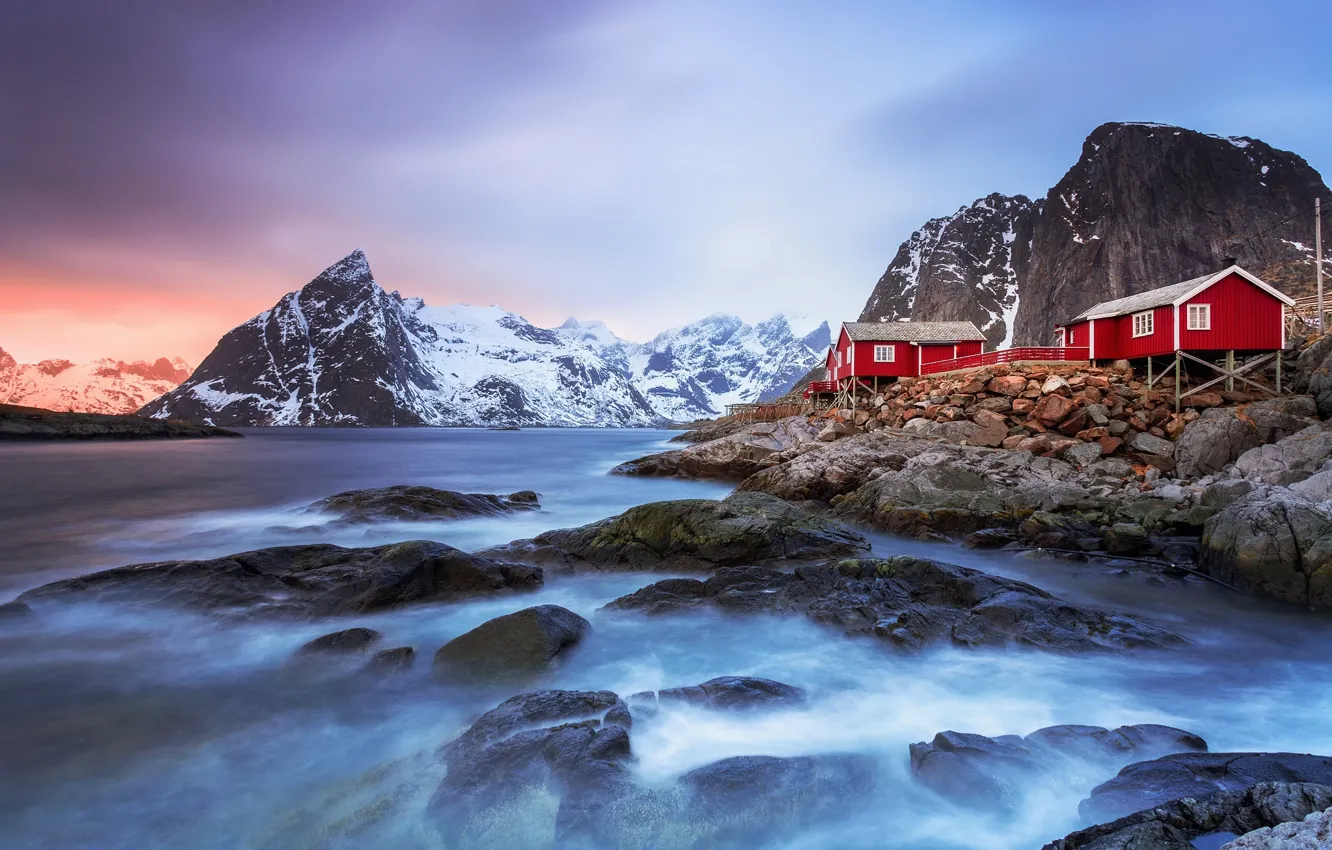 Photo wallpaper sea, mountains, nature, rocks, Norway, houses, settlement