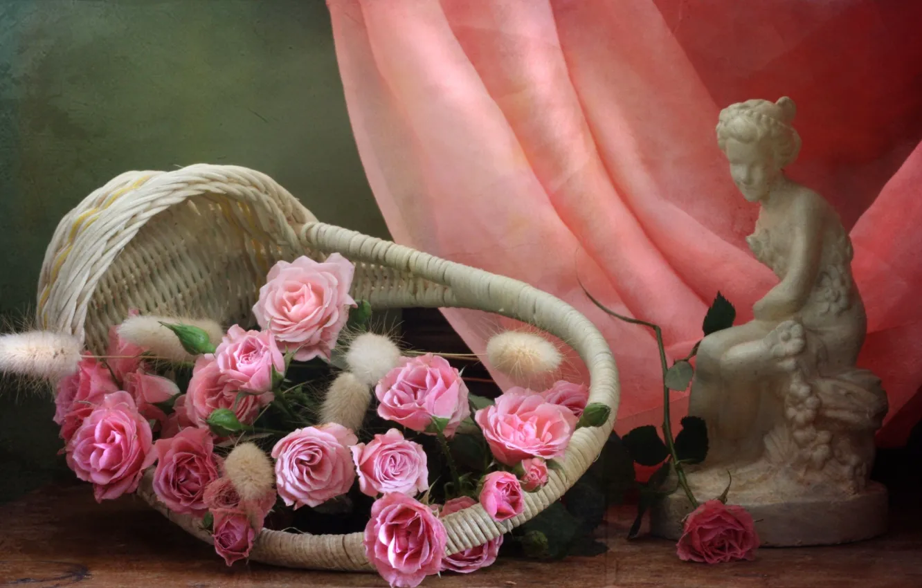 Photo wallpaper girl, flowers, basket, roses, fabric, figurine