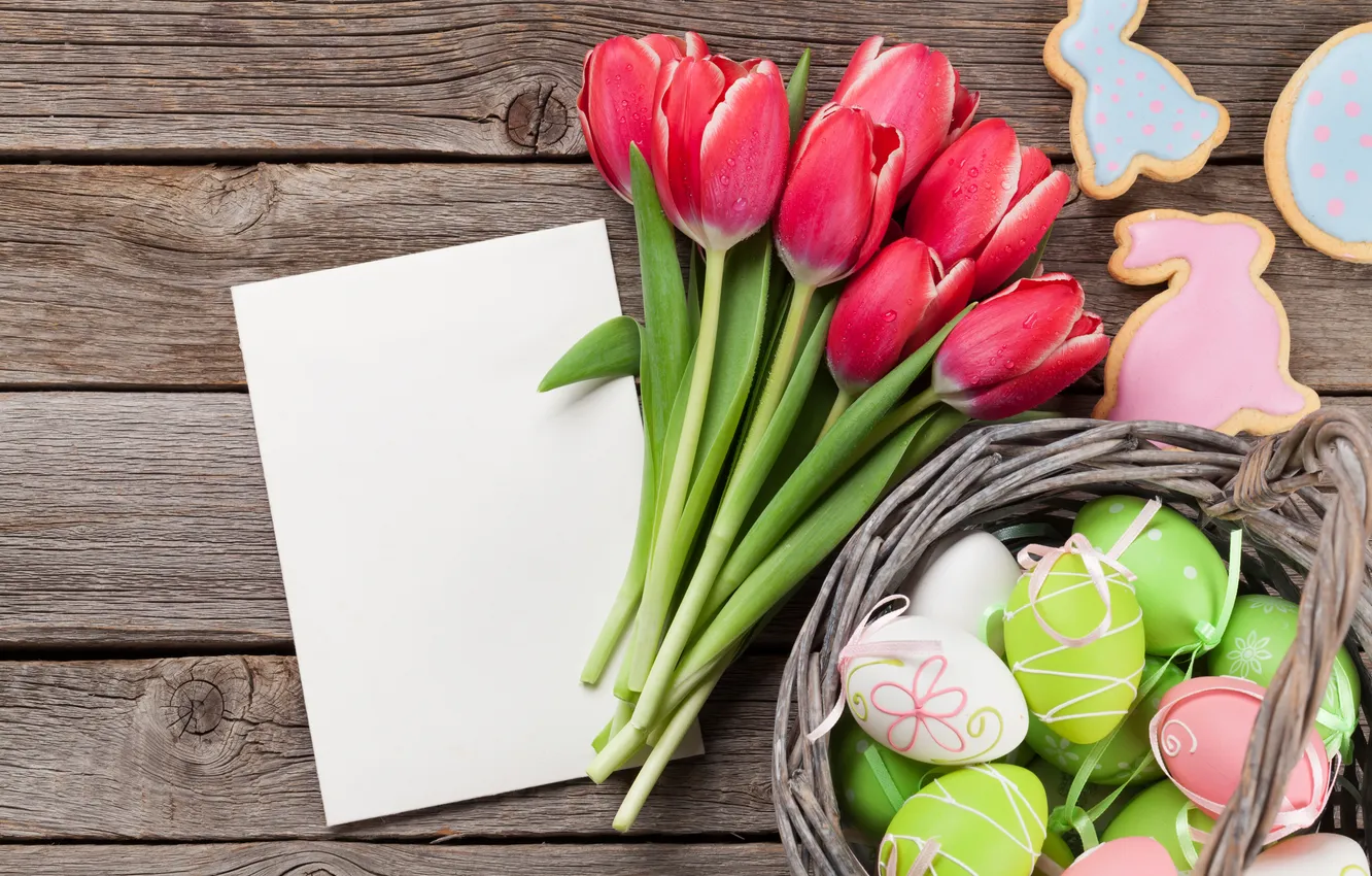 Photo wallpaper flowers, eggs, spring, colorful, Easter, tulips, red, wood