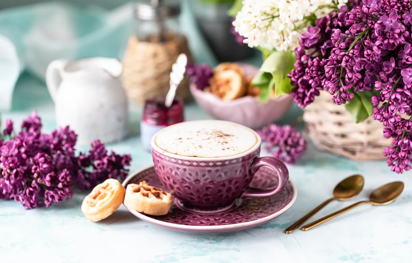 Photo wallpaper flowers, coffee, Breakfast, morning, cream, Cup, waffles, lilac