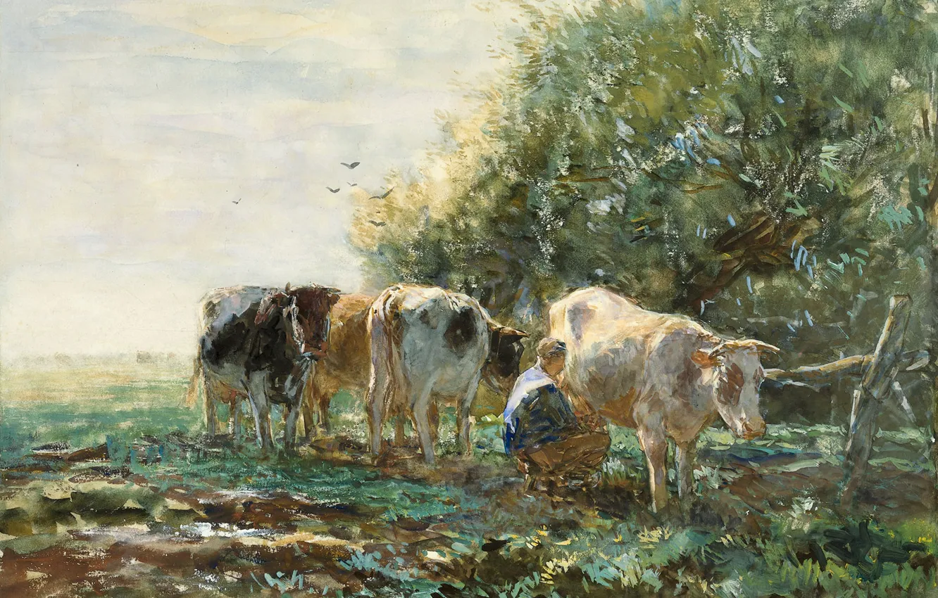 Photo wallpaper figure, cows, watercolor, milkmaid, Willem Maris