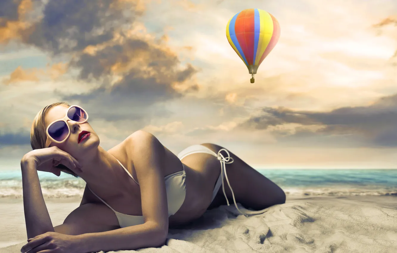 Photo wallpaper sand, sea, beach, swimsuit, the sky, girl, balloon, glasses