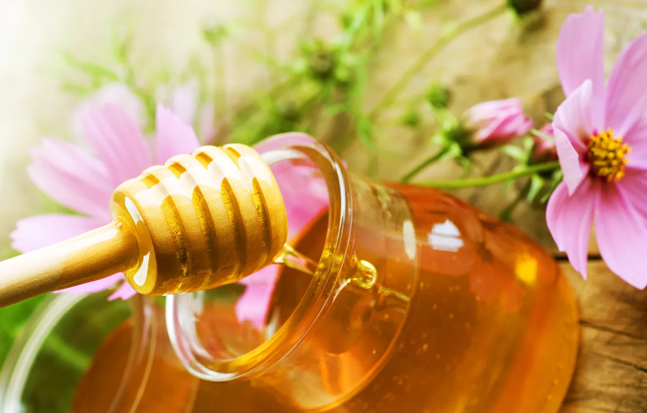 Photo wallpaper flowers, table, honey, jars, honey, honey dipper