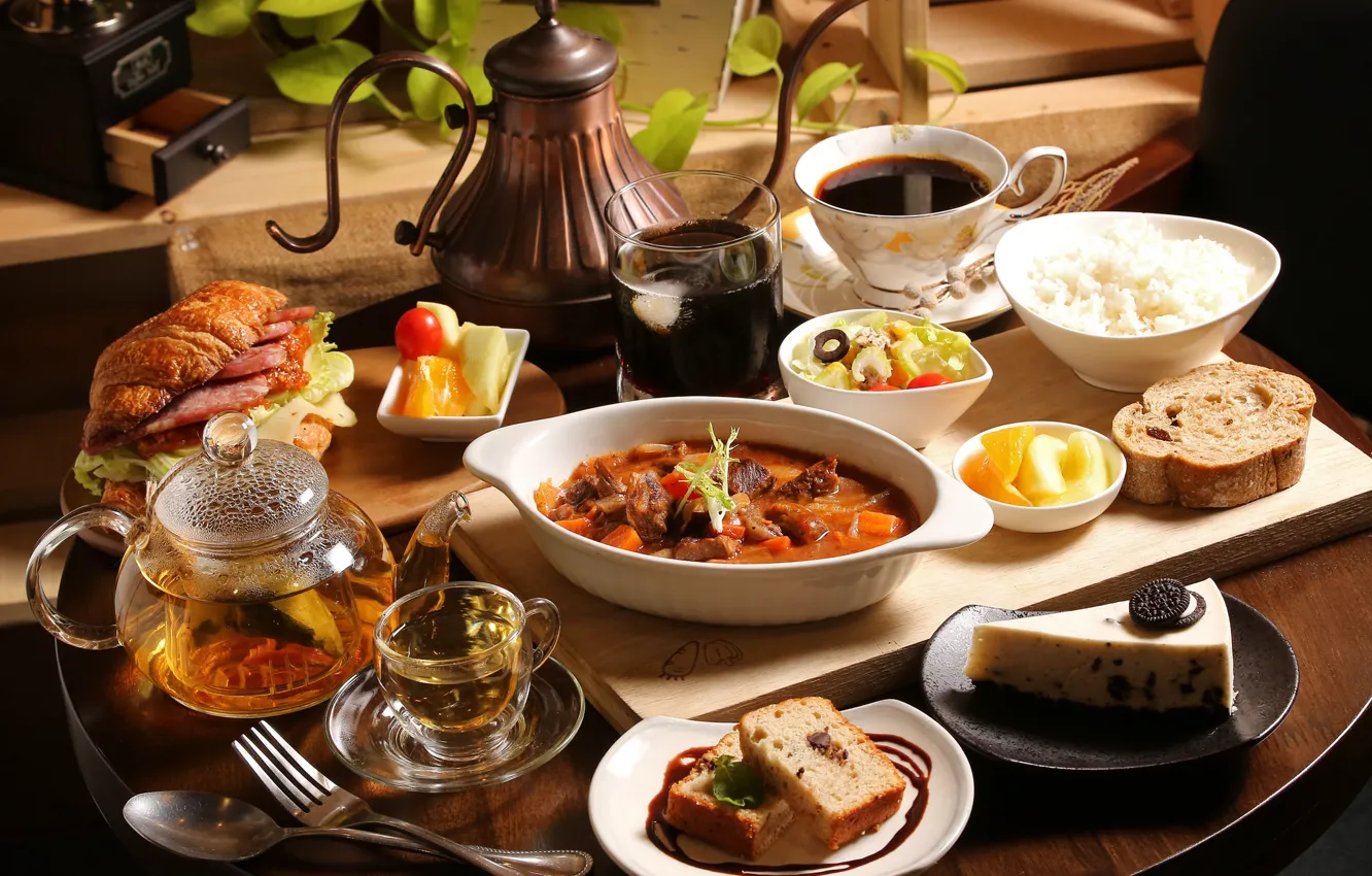 Photo wallpaper tea, Cup, cake, figure, dish, cupcakes, salad, sandwiches