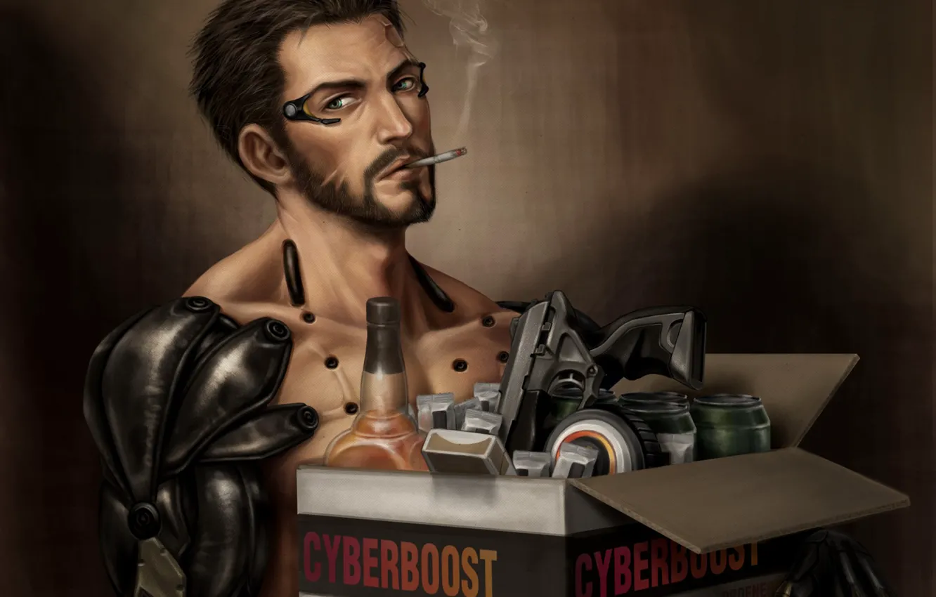Photo wallpaper box, cigarette, cyborg, smokes, Deus Ex: Human Revolution, deus ex, Adam Jensen, Adam