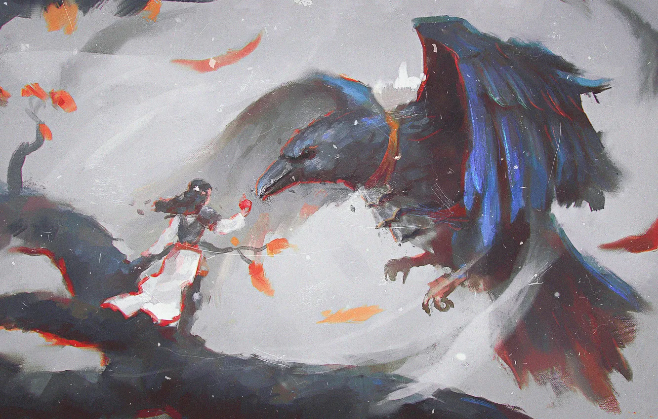 Photo wallpaper branches, berries, art, girl, crows, Raven