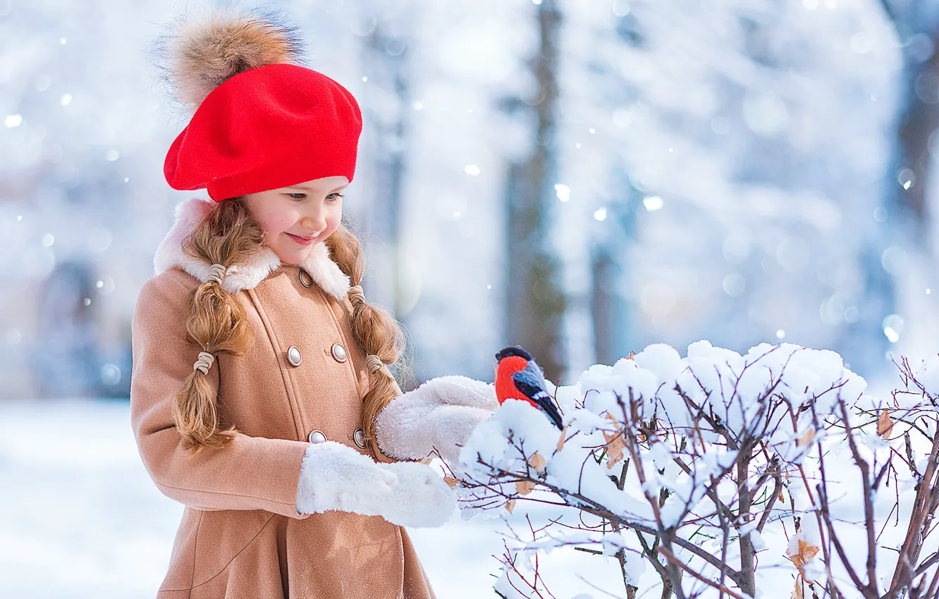 Photo wallpaper winter, snow, joy, branches, red, nature, children, pose